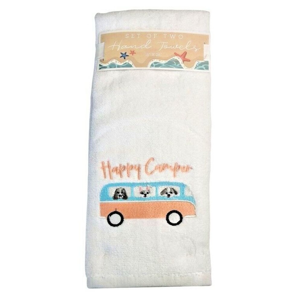 Happy Camper Hippie Bus Dogs Hand Towels Set of 2 Embroidered White Holiday